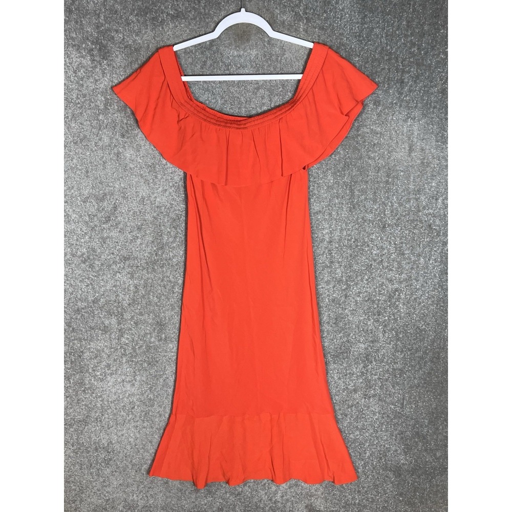 Veronica Beard Oleta Off The Shoulder Midi Dress Womens Sz 6 Orange Ruffled Trim